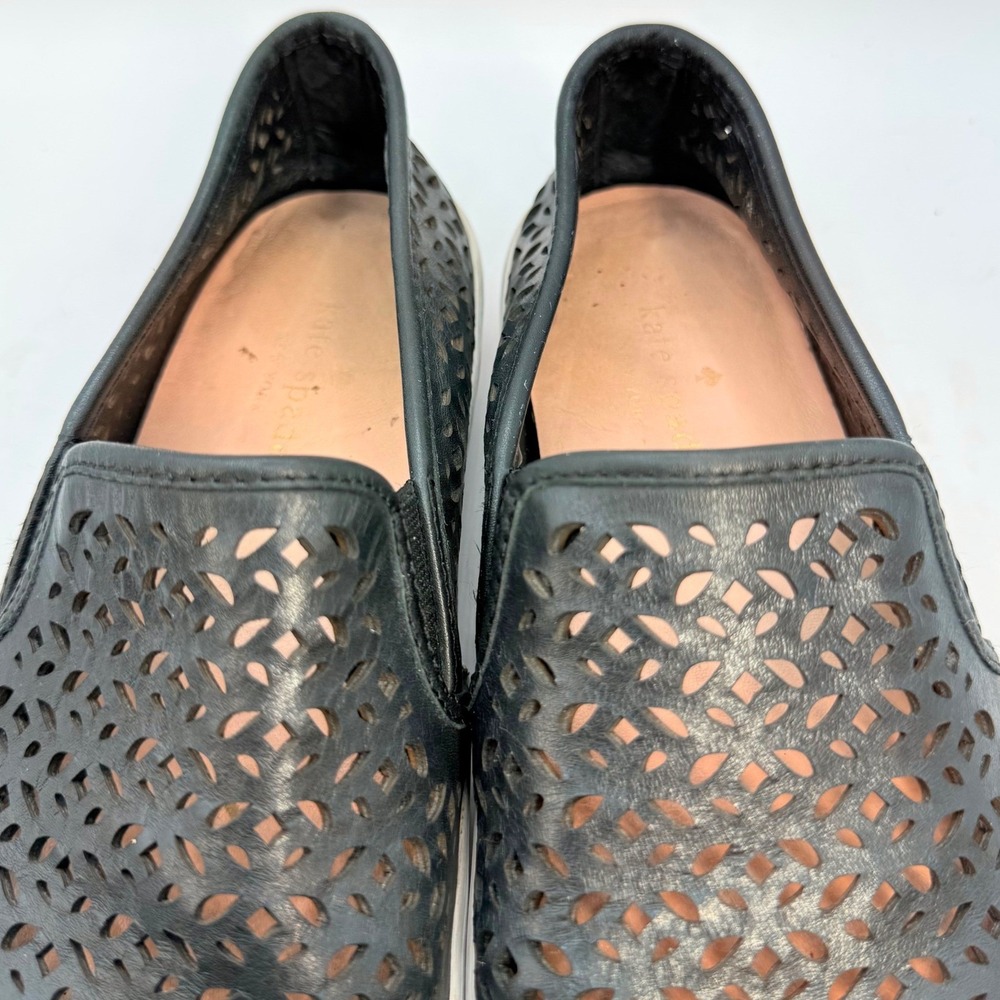 Kate Spade Slip On Loafers Sneakers Womens 7 Blk Laser Cut Leather Casual Shoes - Picture 5 of 7